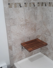 Load image into Gallery viewer, 18" Wall Mount Fold Down Teak Shower Bench with Elegant Slot Openings