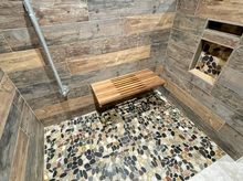 Load image into Gallery viewer, 30" Wall Mount Fold Down Teak Shower Bench with Elegant Slot Openings