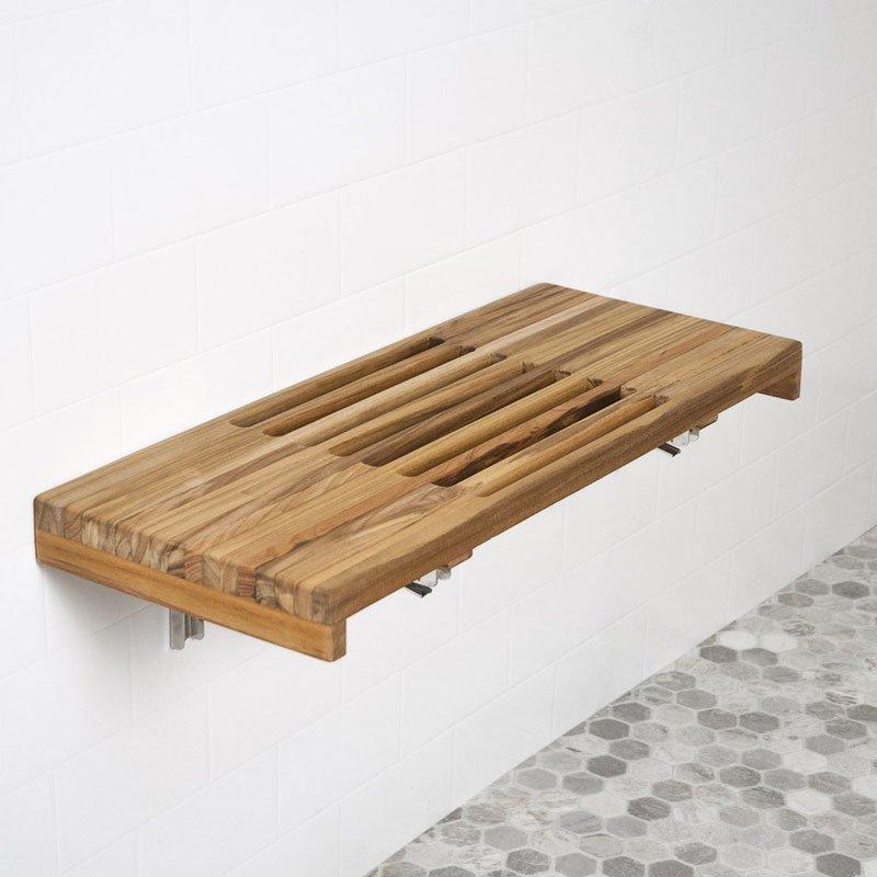 24 Teak Wall Mount Shower Bench with Slot Openings Accessible Construction